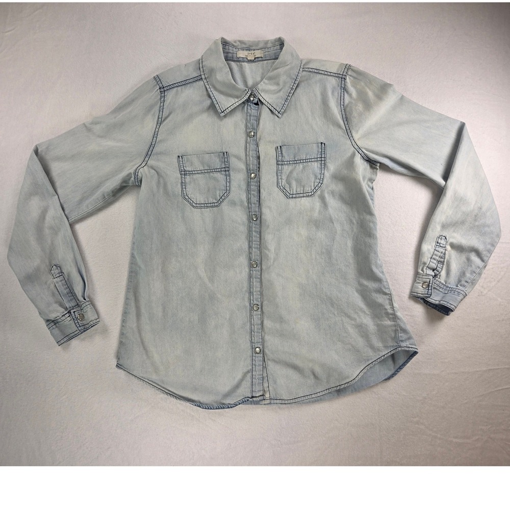 Iris Stone Wash Light Weight Cotton Blouse Pearl Snap Down Long Sleeve Sz L